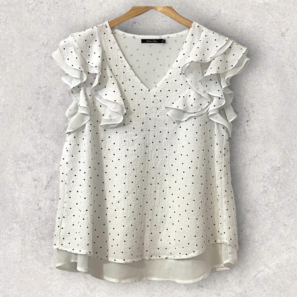 Doe & Rae Women's Top Polka Dot Ruffle Short Sleeve Blouse Size M